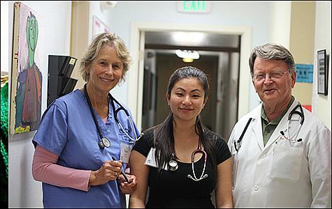 Kate Ratcliff and Amy Chao volunteer as nurses at RotaCare Richmond Free Medical Clinic at Brighter Beginnings. Dr. Pate Thomson, right, is the medical director in charge of adult care and a retired cardiologist. Photo by Momo Chang
