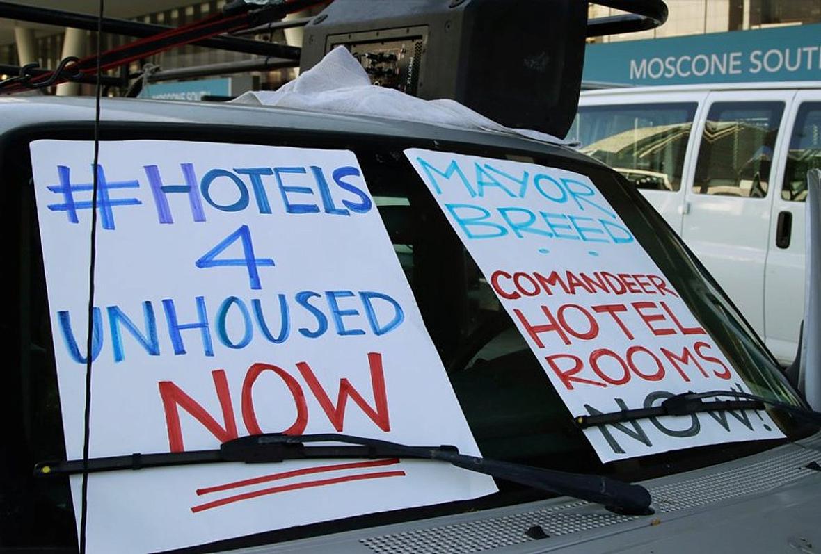 In this April 3, 2020, file photo, activists protest from vehicles outside Moscone Center, asking San Francisco Mayor London Bre