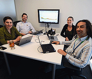 The leadership team of the PRIDE Study, Dr. Juno Obedin-Maliver, left, Mitchell Lunn, Carolyn Hunt, and Micah Lubensky met recently to discuss the project's progress. Photo: Rick Gerharter The leadership team of the PRIDE Study.