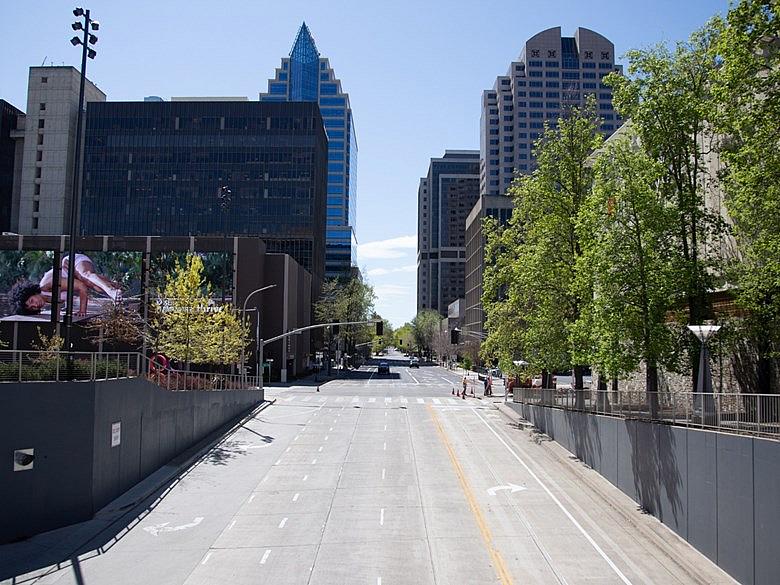 A street in downtown Sacramento during California's COVID-19 stay at home order.