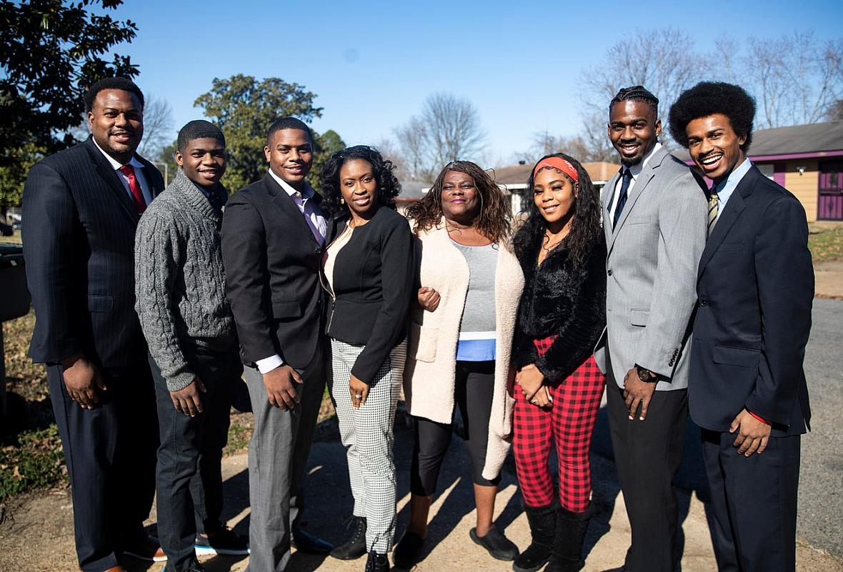 The Pearson family pose for a portrait near the family home in Memphis, Tenn., on Saturday, March 6, 2021.