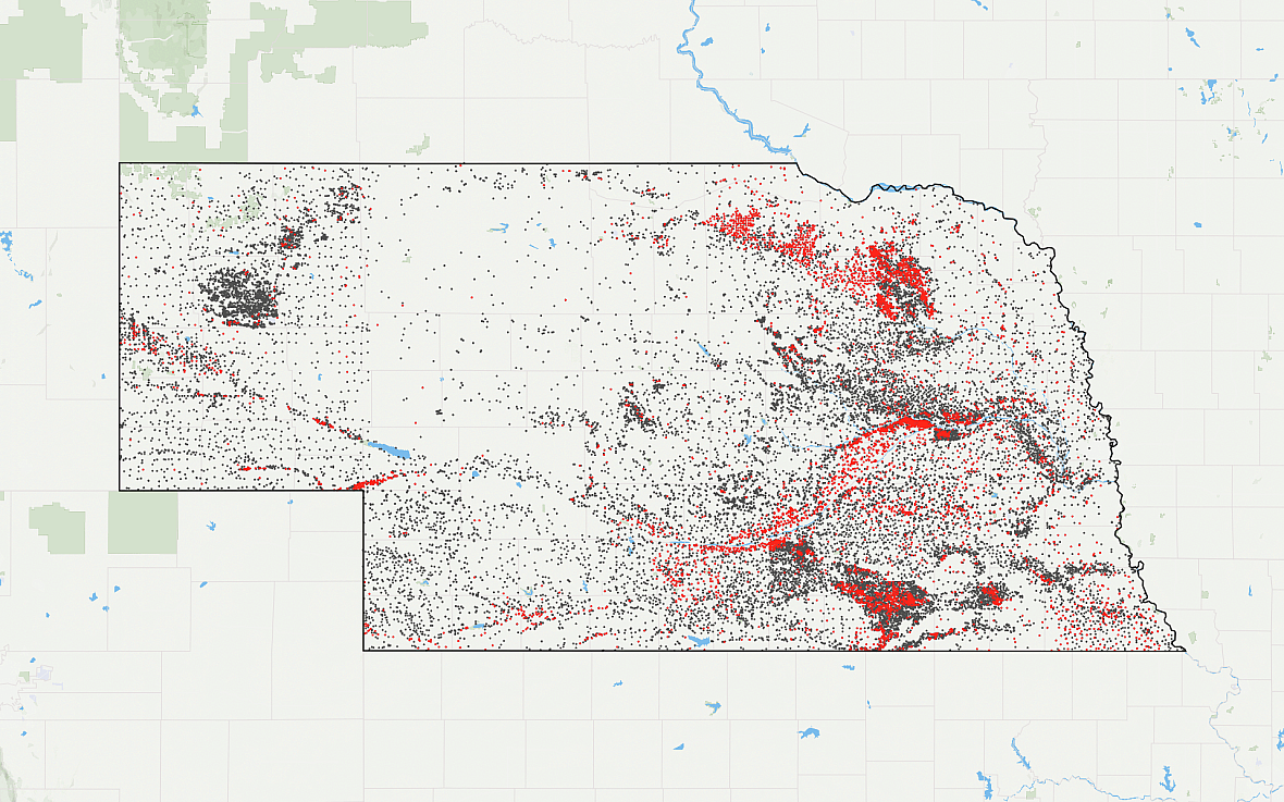 A map of Nebraska wells. Those marked red are above the EPA drinking water limit for nitrate. A map of Nebraska wells. Those marked red are above the EPA drinking water limit for nitrate.
