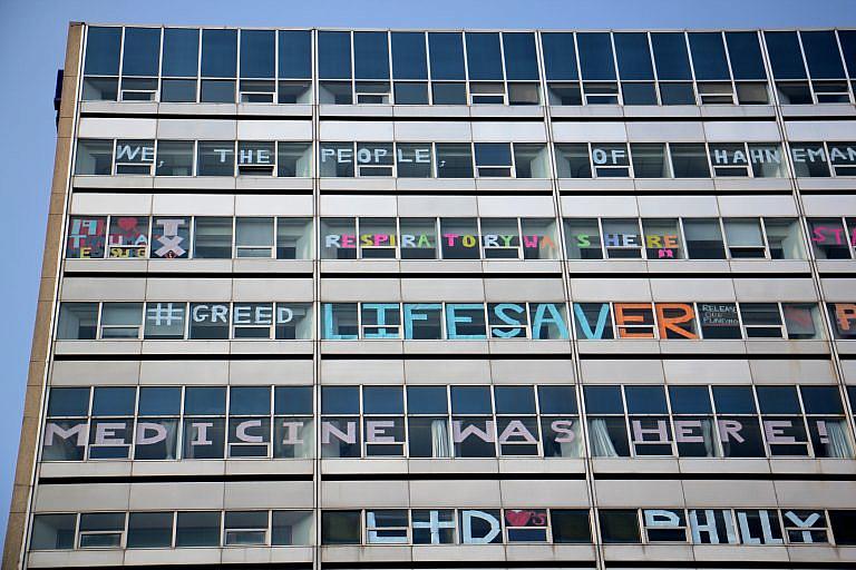 Hahnemann Hospital windows are decorated by employees as the hospital prepares to close. 