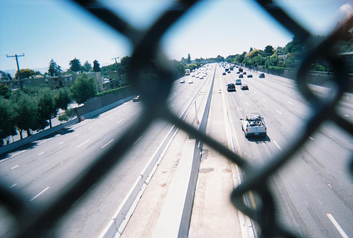 Traffic on U.S. 101, which cuts through the city of East Palo Alto, as shown from a new bike and pedestrian bridge.