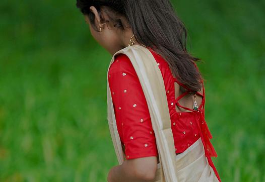 A young Indian American woman standing in green grass looks away in a red sari 