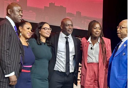 From left, attorney Ben Crump, moderator Tiffany Cross, Christine Wells-Wonsley, Elmore Wonsley, NABJ president Errin Haines, and the Rev. Al Sharpton onstage at the National Association of Black Journalists convention in Atlanta on Aug. 13.