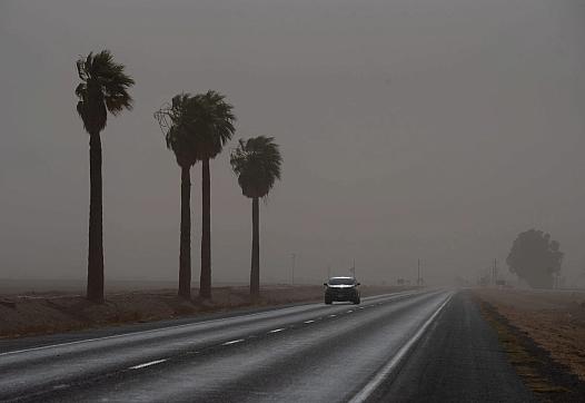 A car on a road, visible through a fog