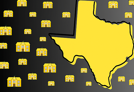 A artistic image with multiple houses, yellow colored on black background
