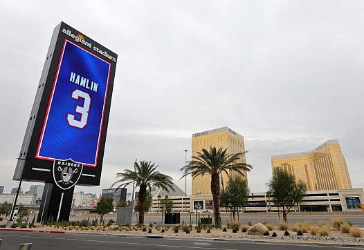  marquee outside Allegiant Stadium, home of the Las Vegas Raiders, displays a show of support for Buffalo Bills player Damar Hamlin.