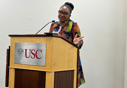 Journalist Akilah Johnson talks at a podium.