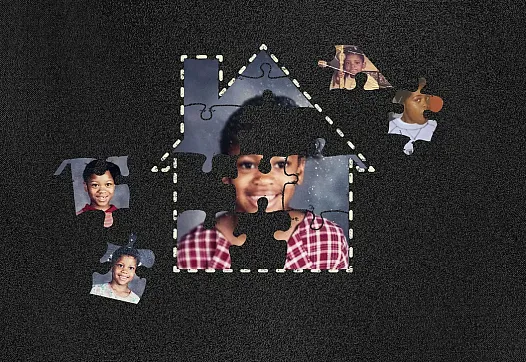 A child’s school portrait photo is assembled like a jigsaw puzzle within the outline of a house. Several puzzle pieces are missing or scattered, showing different childhood photos, suggesting separation or fragmentation.