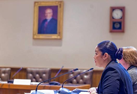 Person in courtroom, sitting at a desk and speaking on a microphone