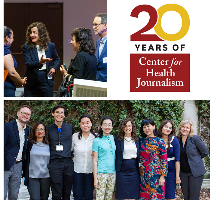 The image features two sections. The top section displays a logo celebrating "20 Years of Center for Health Journalism" with the text prominently featured in red and yellow. The bottom section shows a group of diverse individuals standing together outdoors, smiling and posing for the camera, likely at an event related to health journalism. The background includes greenery, adding a natural touch to the setting.