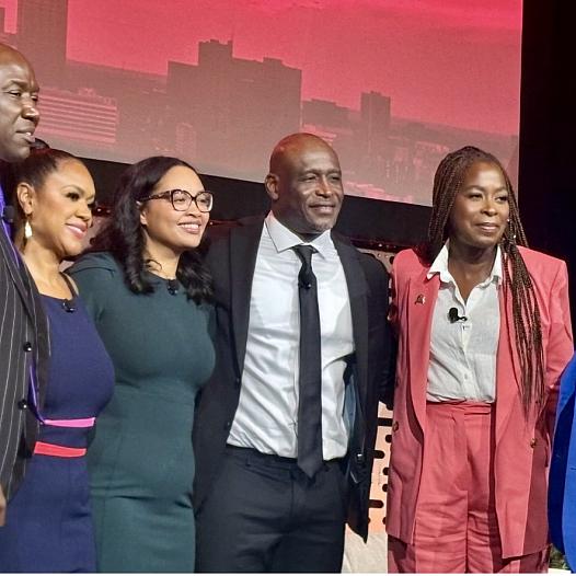 From left, attorney Ben Crump, moderator Tiffany Cross, Christine Wells-Wonsley, Elmore Wonsley, NABJ president Errin Haines, and the Rev. Al Sharpton onstage at the National Association of Black Journalists convention in Atlanta on Aug. 13.