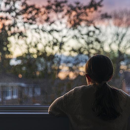 Person staring outside window at a scenery of tress and houses with twilight in the background