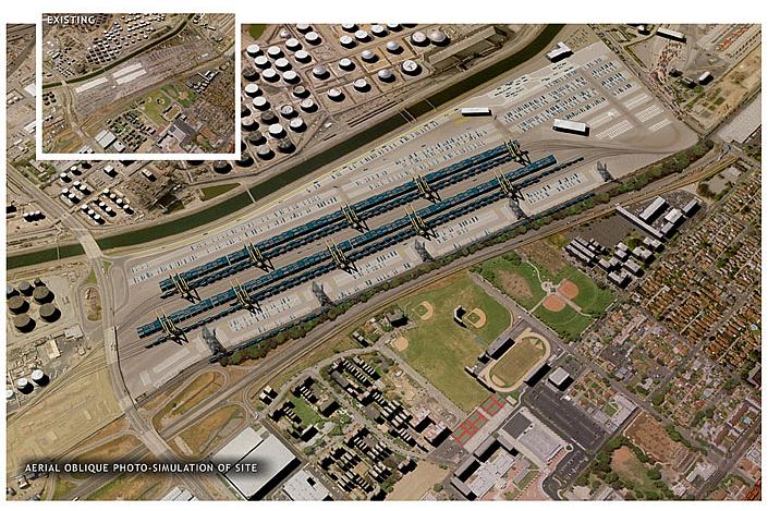 The proposed Southern California International Gateway (SCIG) railyard that is planned for construction soon. SCIG would sit right next to an existing railyard of the same size. Photo courtesy CommunityMatters.com.