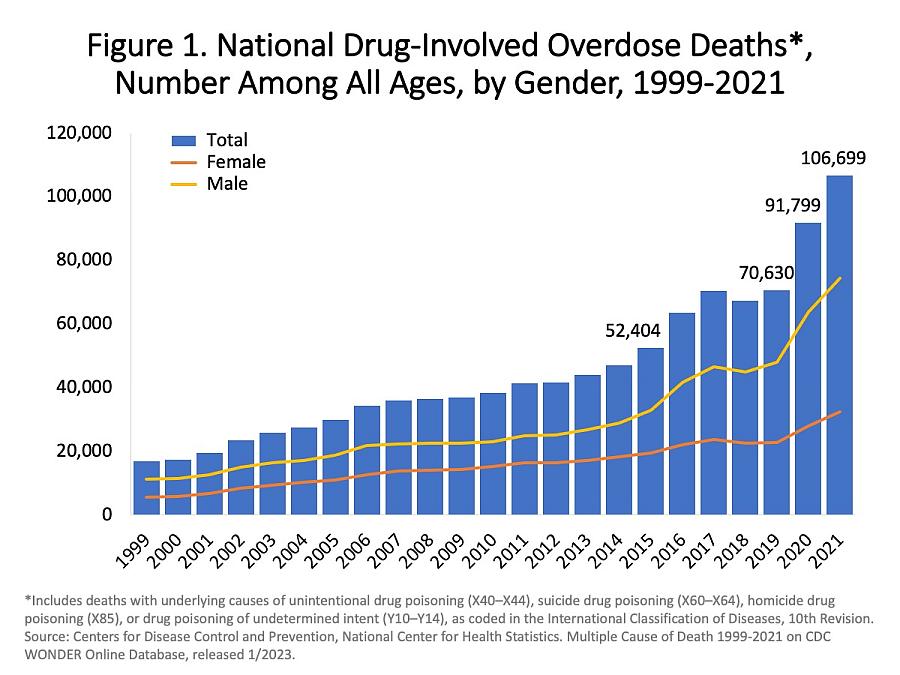 Chart showing the national overdose deaths by gender from 1999-2021