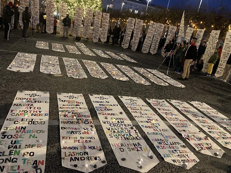 Image of people standing around banners