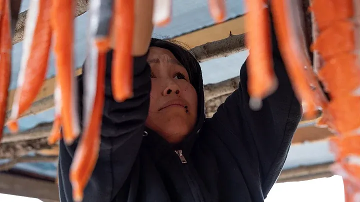 A women hanging fish to dry 