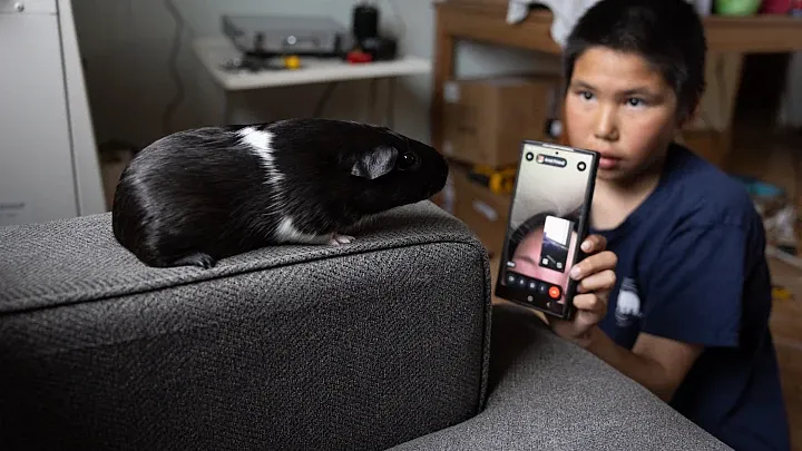 A boy holds up a phone 