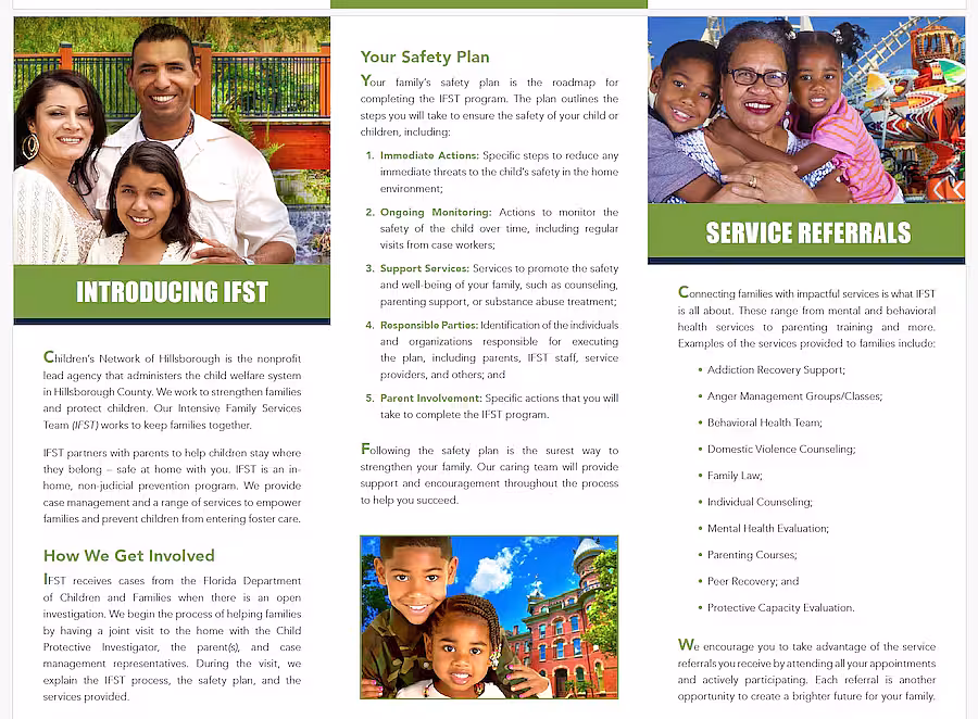 A pamphlet provided to parents by the Children's Network outlines services including "family law."