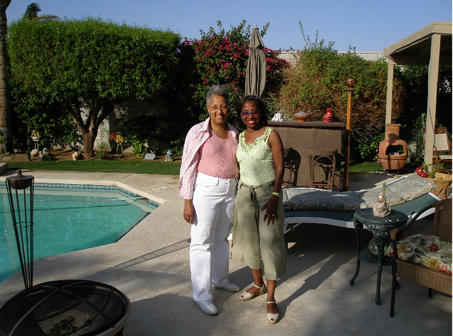 Two women by swimming pool