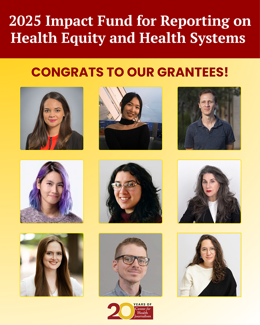 Nine grantees taking part in the 2025 Impact Fund for Reporting on Health Equity and Health Systems.
