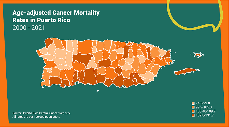 map showing age adjusted cancer mortality rates in Puerto Rico