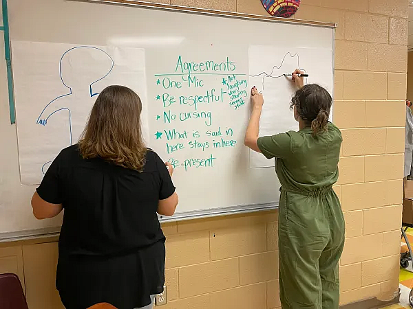 2 people writing on a white board