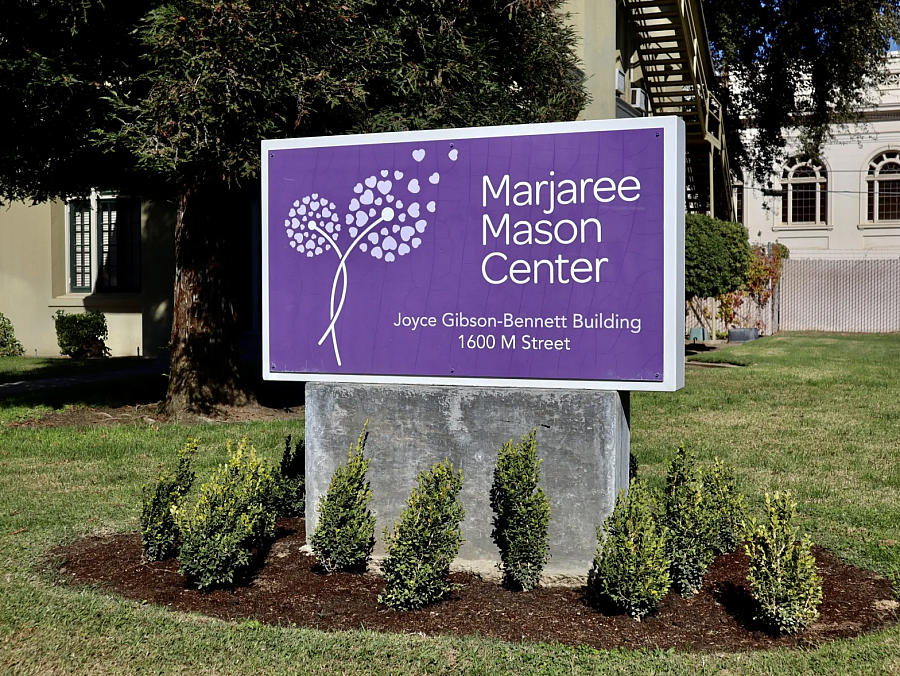 Purple sign surrounded by grass