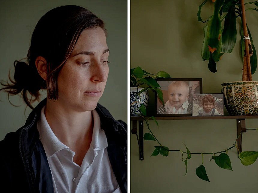 Left: Person looking down, Right: shelves with pictures of children