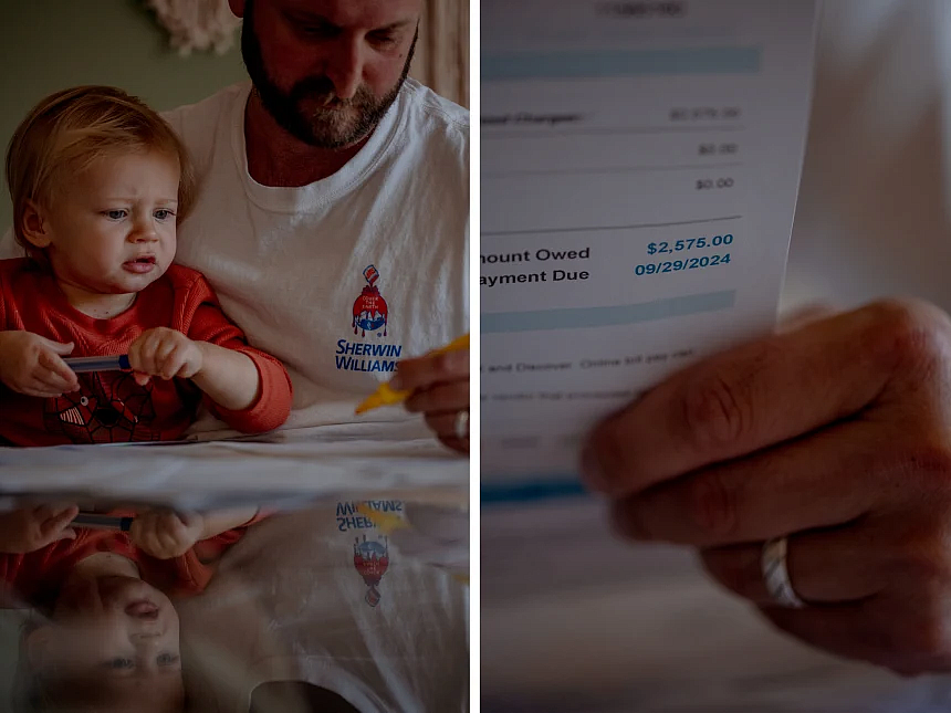 Left: Person holdling a toddler, Right: Hand with documents in it