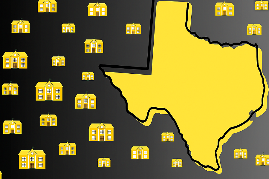 A artistic image with multiple houses, yellow colored on black background