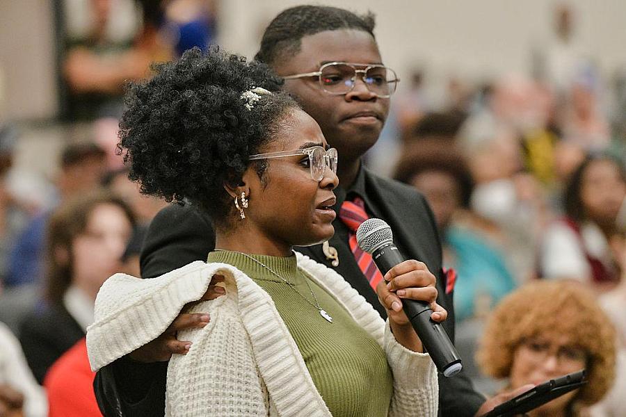 Students speak in opposition to a proposal by Elon Musk's xAI to run gas turbines at a new data center in Memphis, Tennessee, during a public comment meeting.