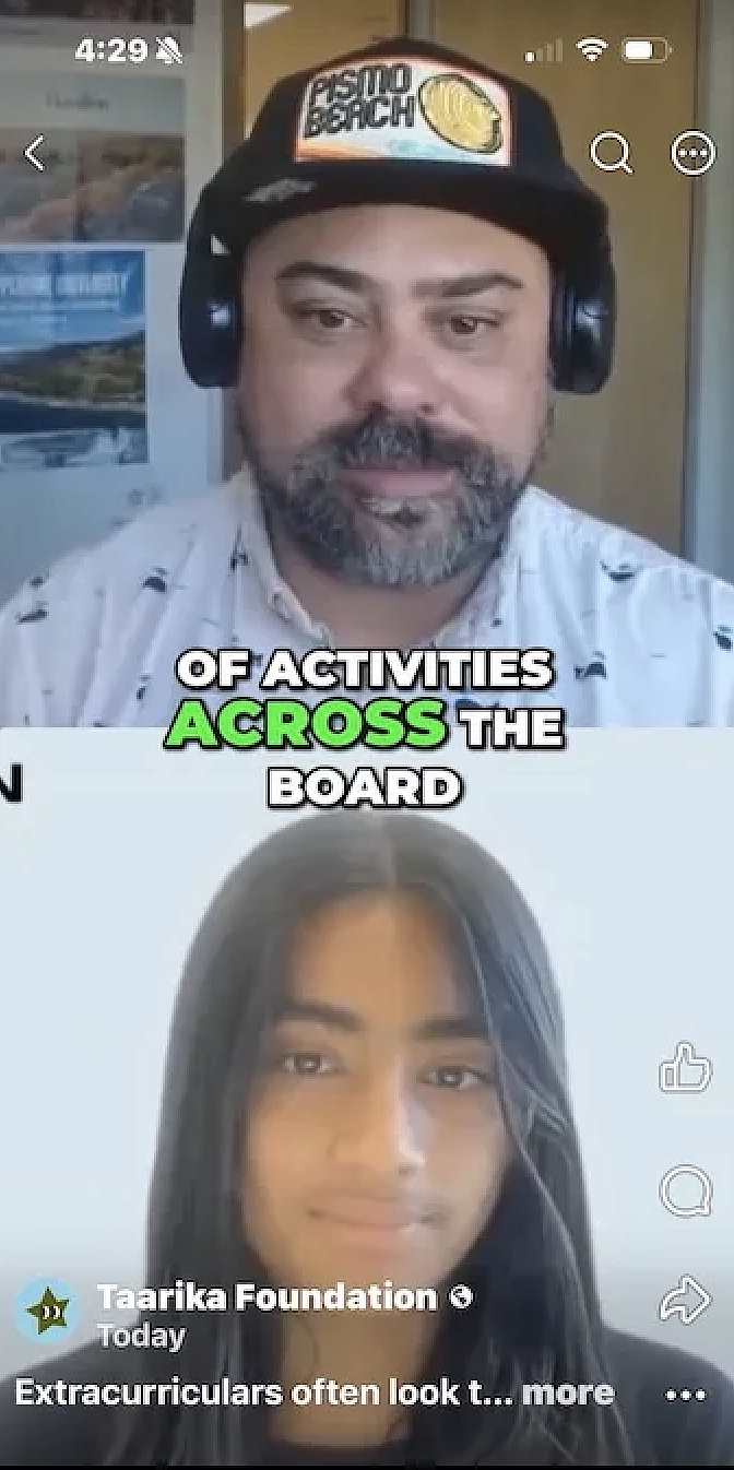 A yougn Desi woman speaks with a man wearing a baseball cap on her mental health podcast for Taarika.