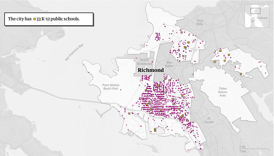 Map showing 33 K-12 public schools with yellow square markers in Richmond