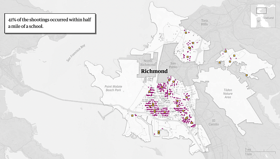 Map representing shooting incidents in half a mile radius of schools