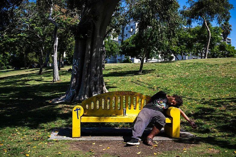 A person sleeping on the park bench