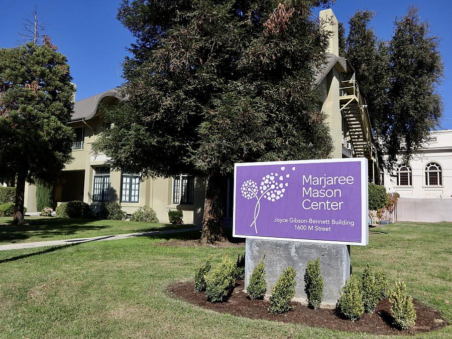 Purple sign surrounded by grass