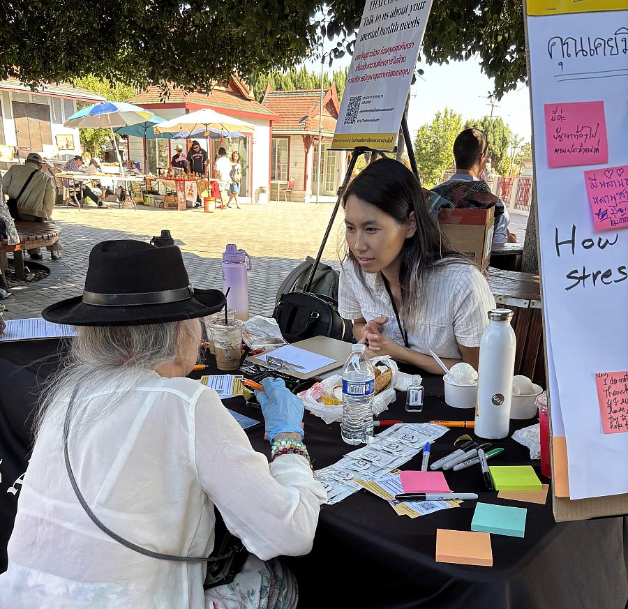 A woman speaks with another person at an outdoor table with pamphlets and notes, next to a mental health sign, at a sunny community market.