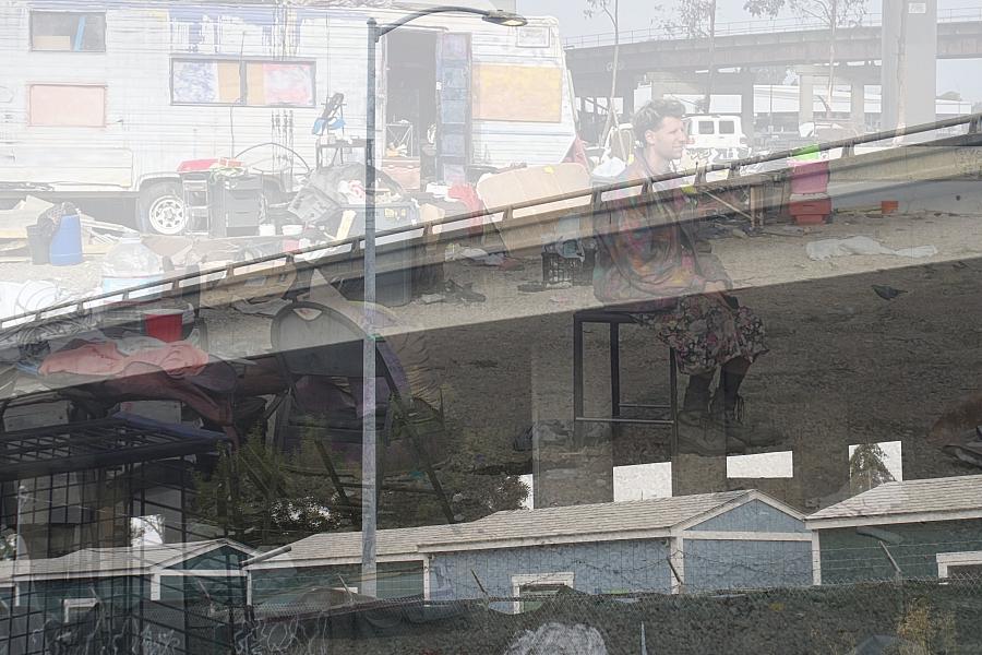 Image of a homeless man overlayed on an image of a freeway