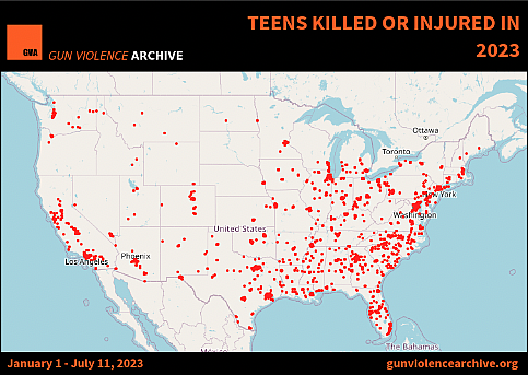 Map of the U.S showing teens killed or injured in 2023 due to gun violence in various parts of the U.S