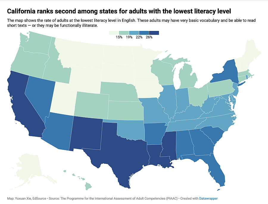 US map showing adult literacy levels