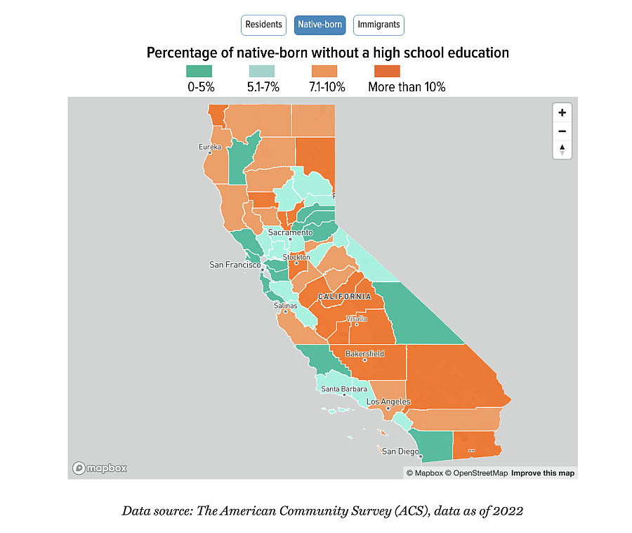 California map showing people without high school education