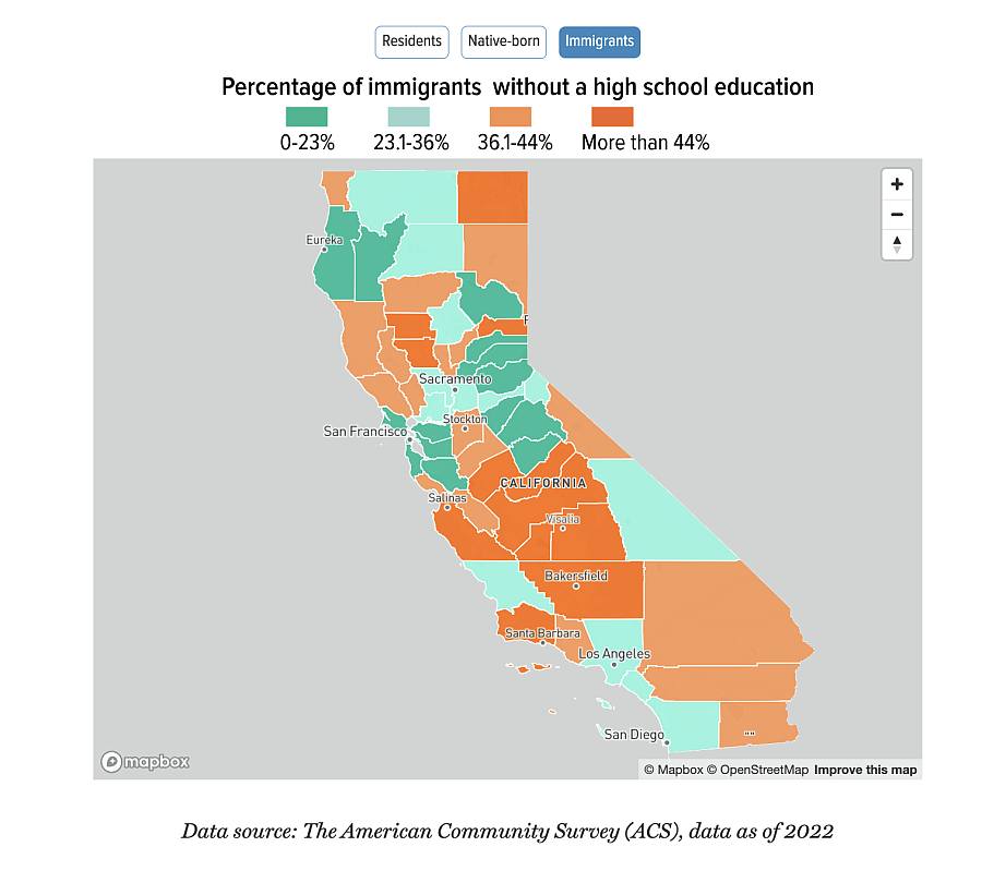 California map showing people without high school education