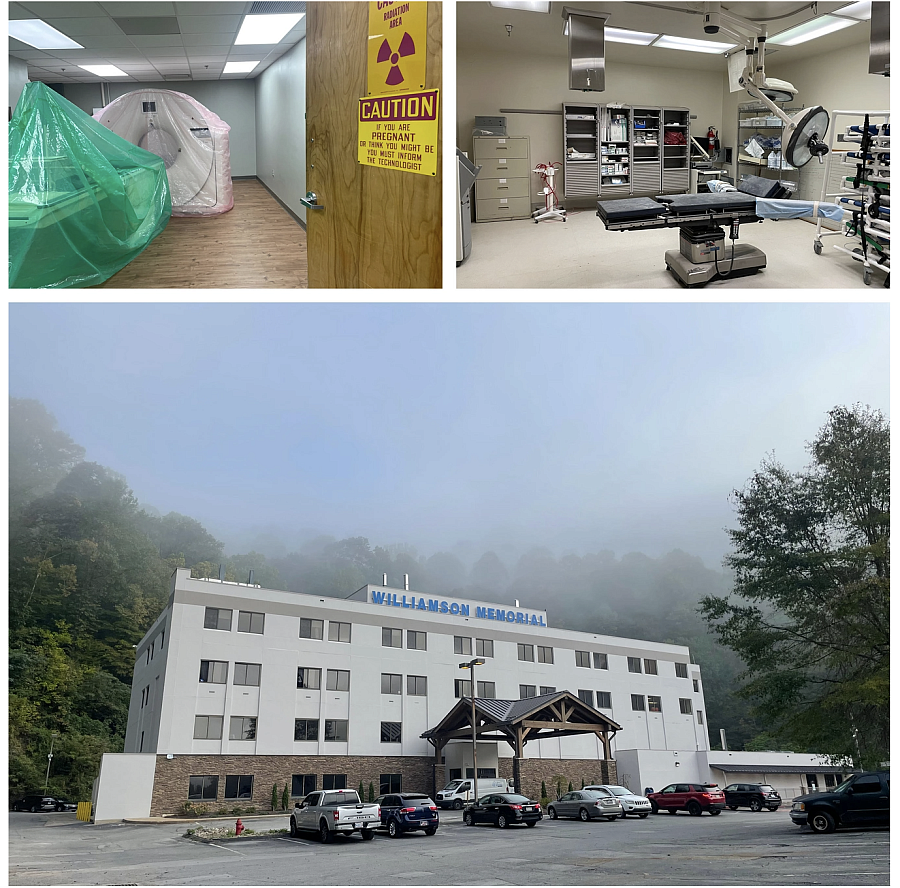 Top left: A CT machine. Top right: An unrenovated room. Bottom: A Hospital