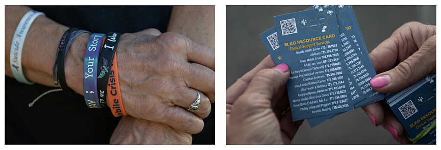 Left: Wristbands. Right: Person holding blue cards