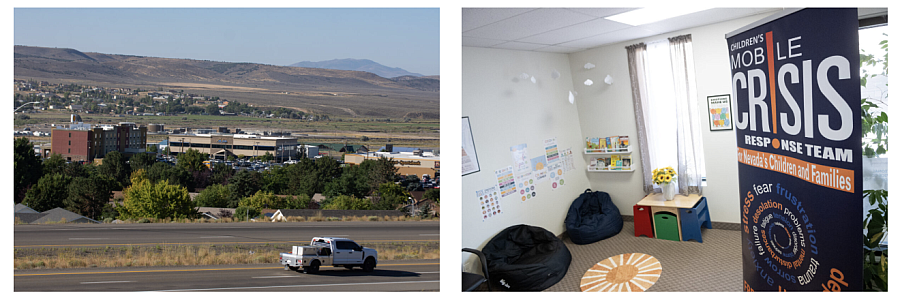 Left: A highway. Right: A room with bean bags and a large informational sign