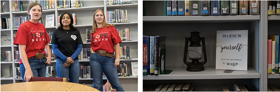 Left: 3 people in front of a bookshelf. Right: An inspirational sign on a shelf