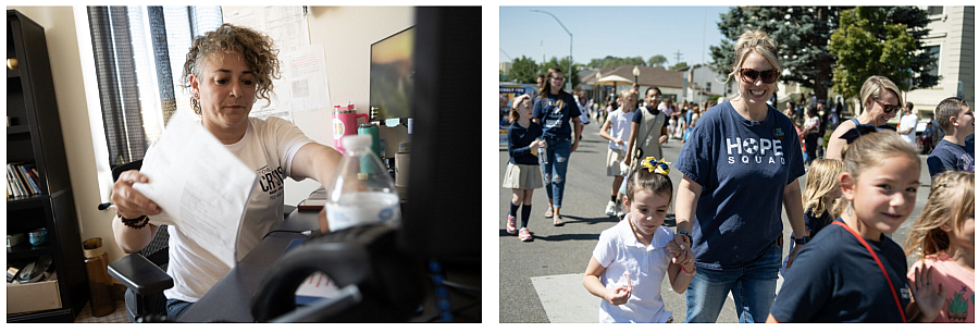 Left: Person holding a paper. Right: People and children walking on the street